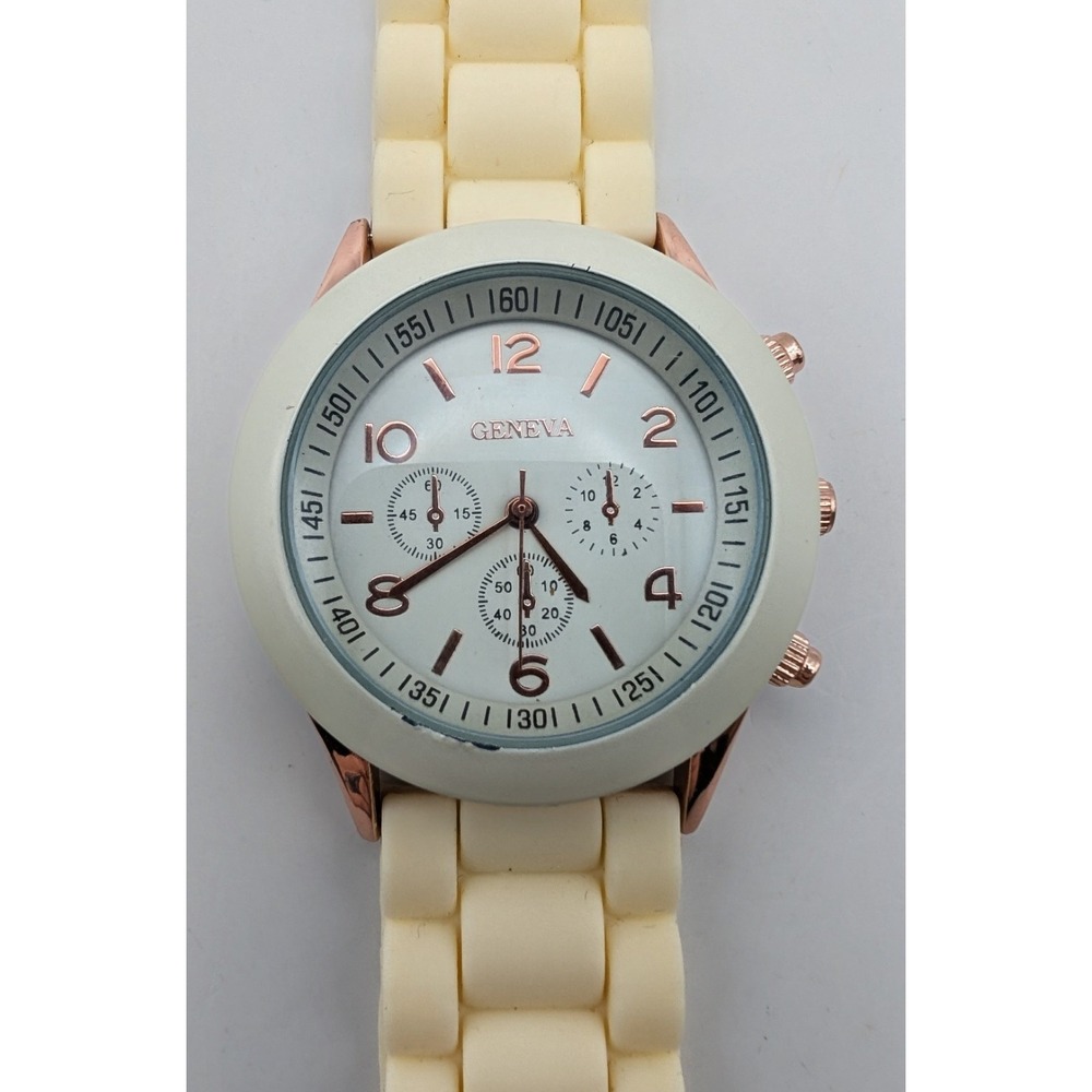 GENEVA Watch Off White And Rose Gold,‎ Silicone Strap Wristband New Battery